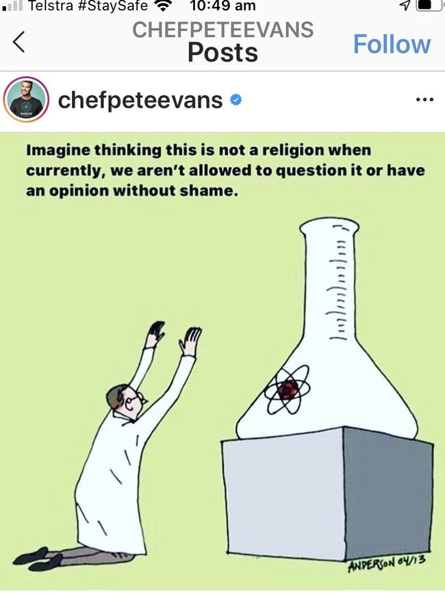 A Pete Evans social media post is critical of science.