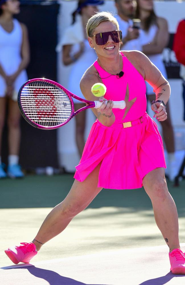 P!nk competes during the 19th Annual Desert Smash, a charity tennis celebrity tournament benefiting Playing for Change Foundation in La Quinta, California. Picture: Getty Images