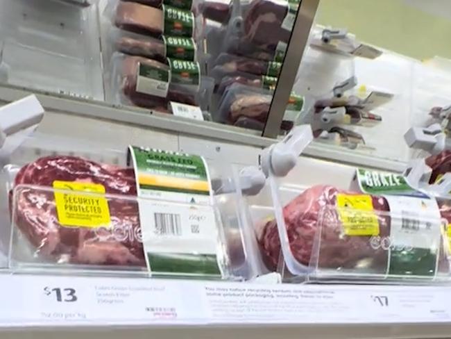 Security tags on meat at Coles Boronia. Picture: TikTok