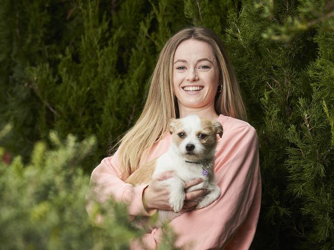 Kirsten Priess with her dog Bella, 6 at home in Flagstaff Hill, Sunday, June 19, 2022. Picture: MATT LOXTON