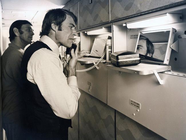 Getting rid of the five o’clock shadow at the Qantas in-flight shave bar in the 1970s. Picture: Qantas