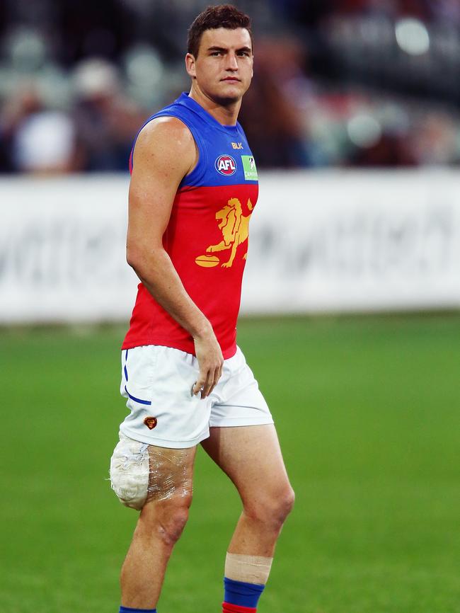 Tom Rockliff with his hamstring strapped up. Picture: Getty