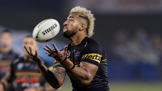 Kikau scored a high-flying try against the Storm. AAP Image/Craig Golding.