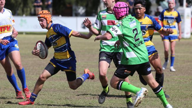 Action galleries of the junior rugby union grand finals, match played at Surfers Paradise Home Ground. Gold Coast Eagles Vs Currumbin Alligators under 16s division. Picture Mike Batterham