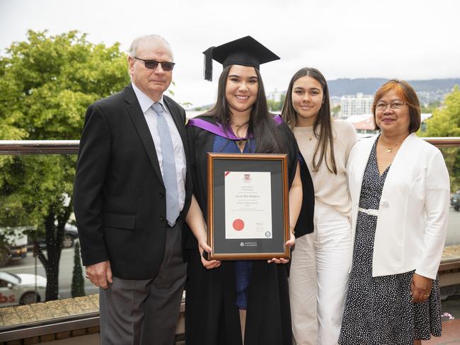 Lyzette Matthews and family. UTAS graduations. School of College of Health and Medicine Graduate Research. Picture: RICHARD JUPE