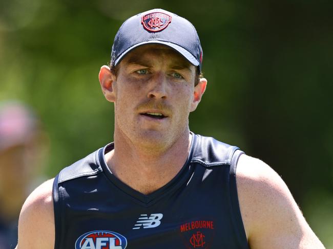 MELBOURNE, AUSTRALIA - NOVEMBER 22: Harrison Petty of the Demons runs laps during a Melbourne Demons AFL training session at Gosch's Paddock on November 22, 2024 in Melbourne, Australia.  (Photo by Quinn Rooney/Getty Images)