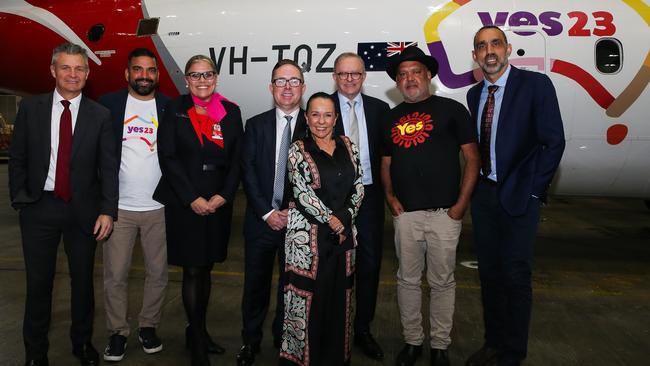 Dean Parkin, Qantas chair of First Nations Network Fran Grant, Qantas CEO Alan Joyce, Prime Minister Anthony Albanese and Minister Linda Burney, Noel Pearson, former footballer Adam Goodes, at the launch of the Qantas 'Yes' Campaign in Sydney. Picture: Gaye Gerard/NCA Newswire