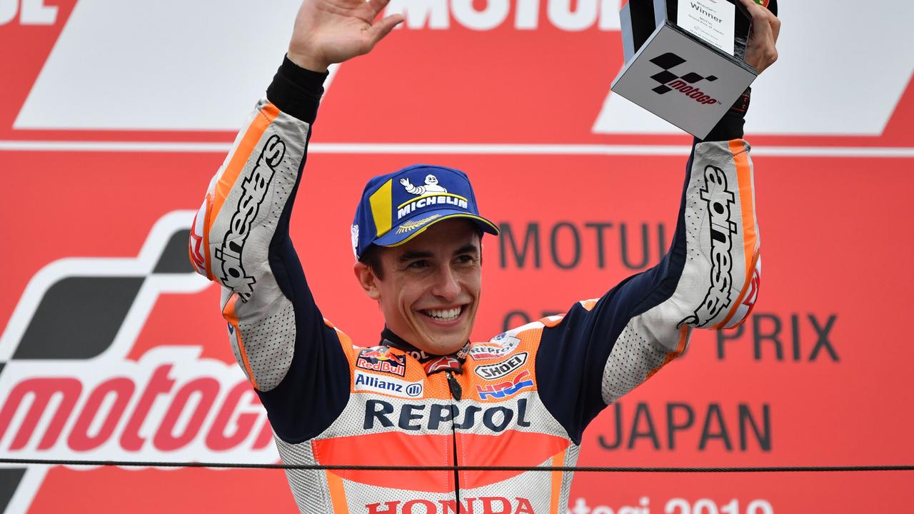 Motegi winner Marc Marquez celebrates on the podium. Picture: Toshifumi Kitamura