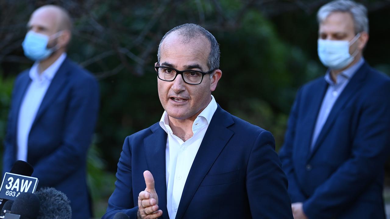 Victorian Deputy Premier James Merlino speaks to the media during today’s press conference. Picture: Getty Images