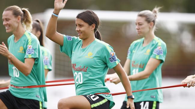 Matildas star Sam Kerr, centre, during a training session earlier this year. Picture: AAP