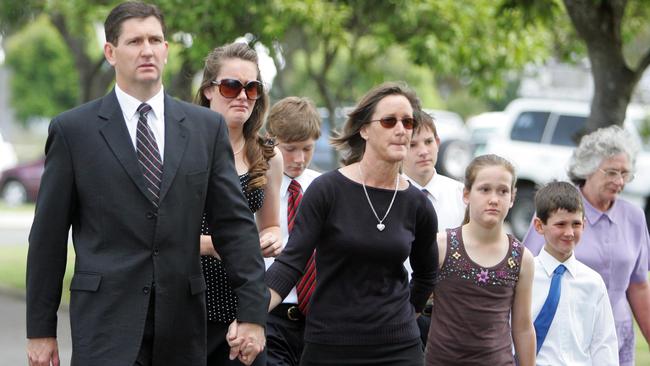 Nationals leader Lawrence Springborg with his family, wife Linda Springborg and children Laura Springborg, Megan Springborg, Jens Springborg and Tom Springborg at the funeral of his father-in-law in 2006.