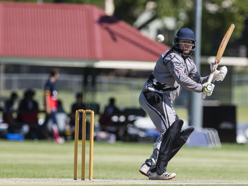 Kyle Leeson bats for Souths Magpies against Metropolitan-Easts in Toowoomba Cricket A Grade One Day grand final at Captain Cook Reserve, Sunday, December 10, 2023. Picture: Kevin Farmer