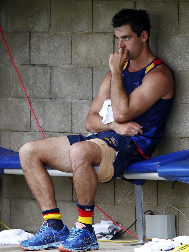 Adelaide’s Taylor Walker with an ice pack on his left hamstring during a pre-season game. Picture: Sarah Reed