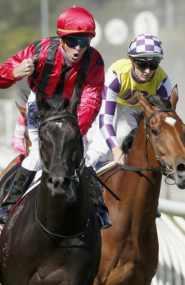 Glyn Schofield celebrates and so do all the bookmakers as Prized Icon takes out the Victoria Derby. Picture: Getty Images