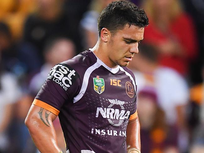 BRISBANE, AUSTRALIA - SEPTEMBER 09: Kodi Nikorima of the Broncos looks dejected during the NRL Elimination Final match between the Brisbane Broncos and the St George Illawarra Dragons at Suncorp Stadium on September 9, 2018 in Brisbane, Australia.  (Photo by Albert Perez/Getty Images)