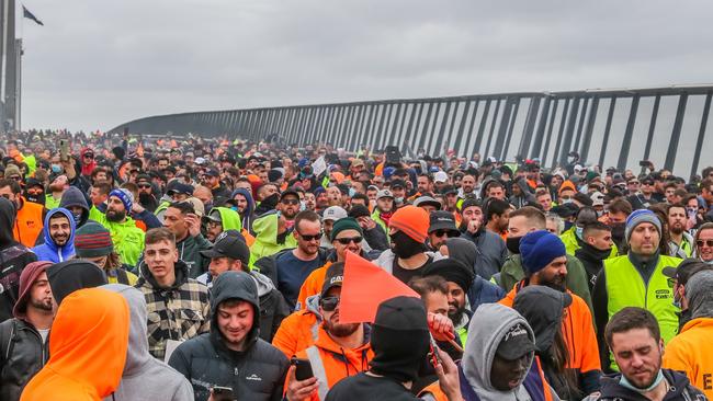 Protesters marching down the West Gate Bridge on Tuesday. Picture: Getty