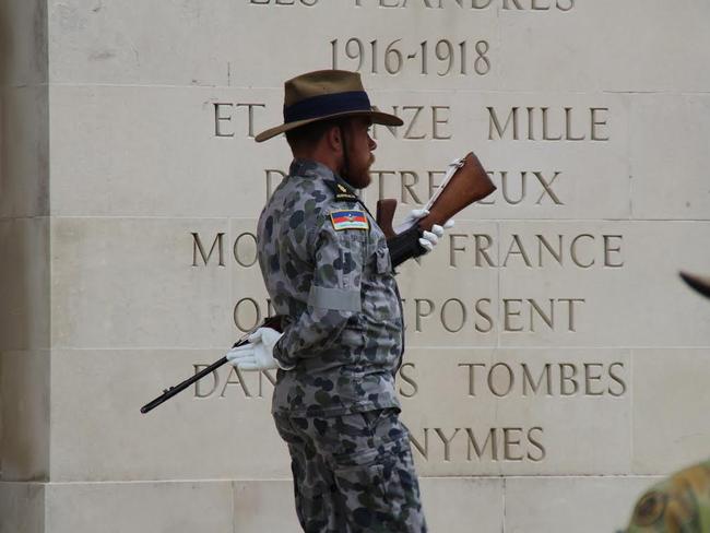 Soldiers from Australia rehearse for Anzac Day commemorations overlooking the battlefields. Picture: Charles Miranda.