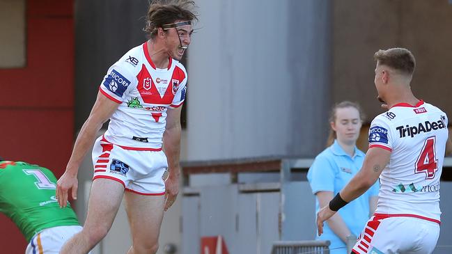 Cody Ramsey celebrates scoring his second try on debut. Picture: Matt King/Getty