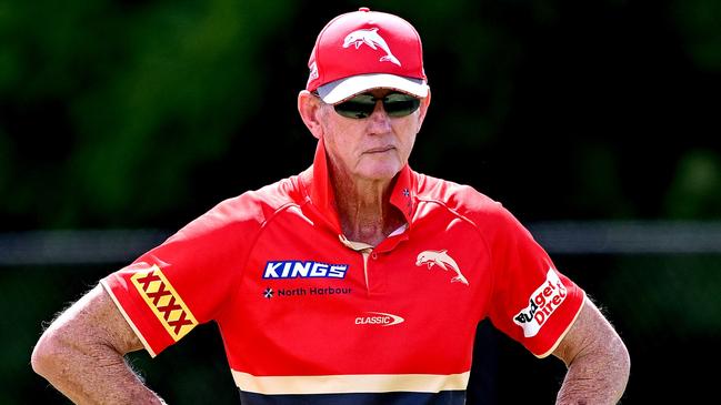 BRISBANE, AUSTRALIA - MARCH 07: Coach Wayne Bennett is seen during a Dolphins NRL training session at Kayo Stadium on March 07, 2024 in Brisbane, Australia. (Photo by Bradley Kanaris/Getty Images)