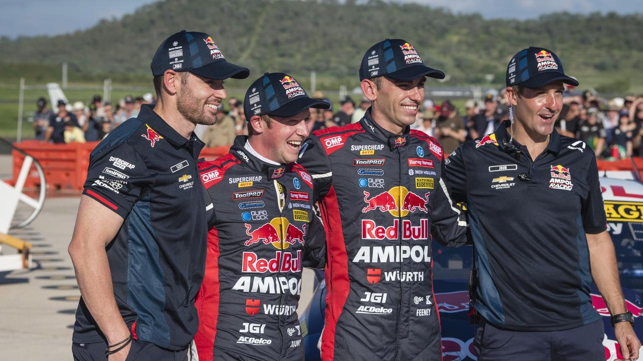 V8 Supercars team Red Bull Ampol Racing (from left) Scott Pye, Will Brown, Broc Feeney, and Jamie Whincup at the launch of the 2024 livery at Toowoomba Wellcamp Airport, Saturday, February 3, 2024. Picture: Kevin Farmer