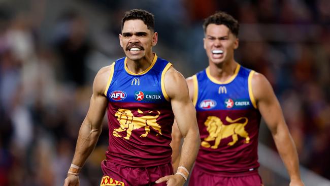 Charlie Cameron of the Lions celebrates a goal. Picture: Dylan Burns/AFL Photos