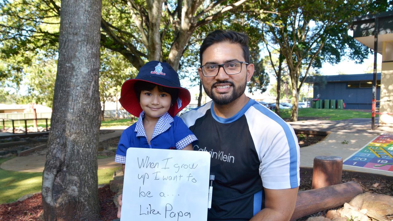 Excited for their first day of Prep at Rangeville State School are Samyra Bhagat and her dad Varun Bhagat. January 22, 2024.