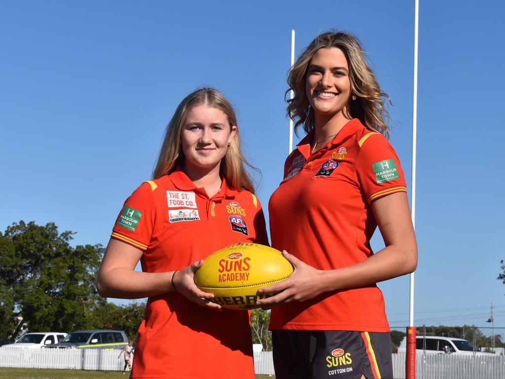 Wallis Randell (left) and Lauren Bella of the Gold Coast Suns AFLW side back in Mackay, August 28, 2021. Picture: Matthew Forrest