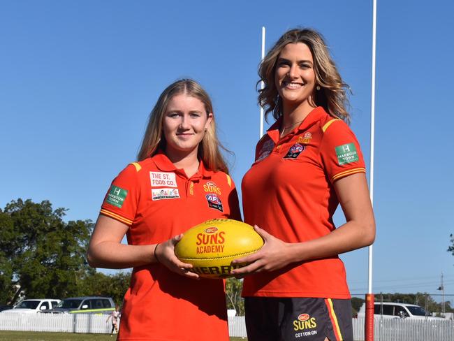 Wallis Randell (left) and Lauren Bella of the Gold Coast Suns AFLW side back in Mackay, August 28, 2021. Picture: Matthew Forrest