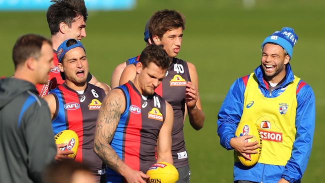 ason Johannisen of the Bulldogs laughs during a Western Bulldogs training session at Whitten Oval.