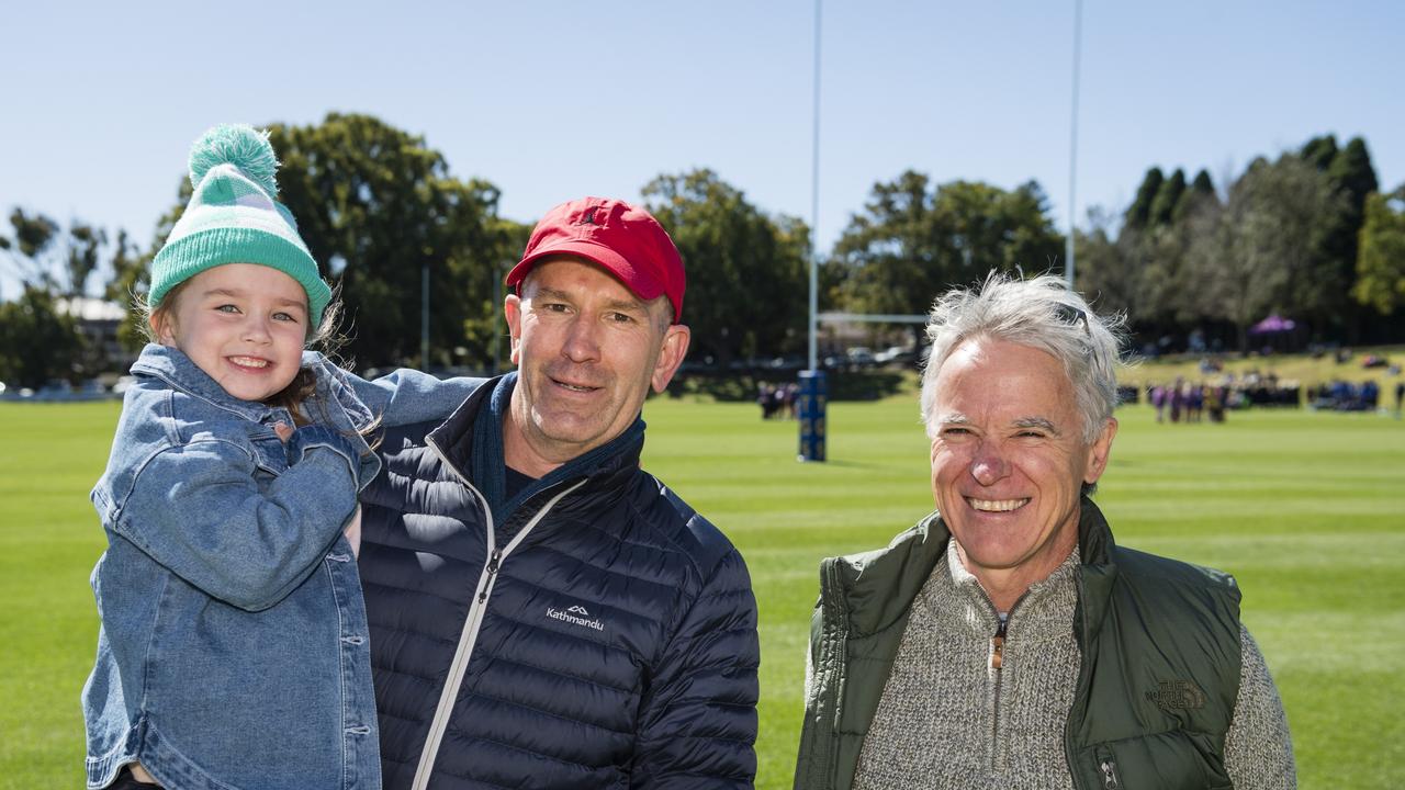 Supporting Grammar are (from left) Lottie Keefe, Philip Saal and William Conway on Grammar Downlands Day at Toowoomba Grammar School, Saturday, August 19, 2023. Picture: Kevin Farmer