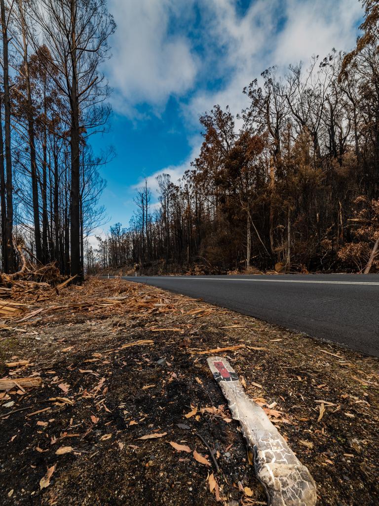 Melted guidepost from the Gordon River Road fire. Images taken after the recent bushfires in southern Tasmania. Picture: GEOFF MURRAY ***SUPPLIED WITH PERMISSION FROM PHOTOGRAPHER FOR ONE TIME USE PRINT AND ONLINE***