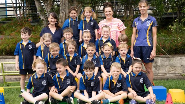 Gympie South State School Prep MY 2023 - Back L-R: Mrs Casey Mansfield (teacher), Kalyliah Clarke, Lindsay Kahler, Mrs Danielle Jackson (Teacher) and Mrs Marion Kahler (teacher aide). <br/>Standing L-R: Asher Melville, Mabel O’Sullivan, William Hose, Harper Nelson, Shirley Anderson and Niklaus Burraston. <br/>Sitting L-R: Colton Sutton, Roxanne Ruffin, Lincoln Snelgar, Hazel Dixon and Archie Rundle. <br/>Front L-R: Tyson Clarke, Mason Lewis, William Hartshorn, Tayte Kropp and Samarah Gallaher. Picture: Christine Schindler