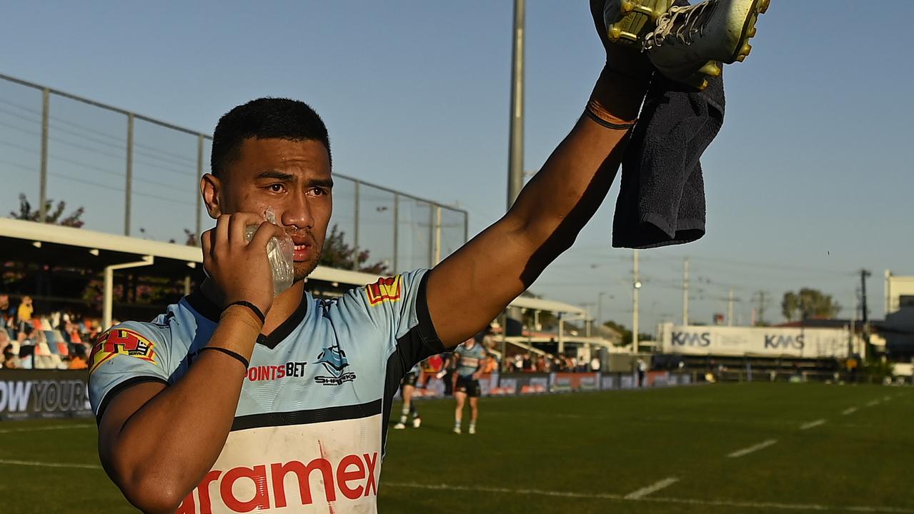 ROCKHAMPTON, AUSTRALIA - AUGUST 21: Ronaldo Mulitalo of the Sharks waves to the crowd after winning the round 23 NRL match between the Wests Tigers and the Cronulla Sharks at Browne Park, on August 21, 2021, in Rockhampton, Australia. (Photo by Ian Hitchcock/Getty Images)