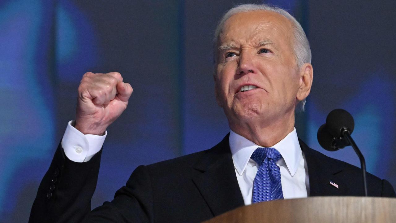 US President Joe Biden speaks on stage on the first day of the Democratic National Convention and took aim at Trump. Picture: Robyn Beck/AFP