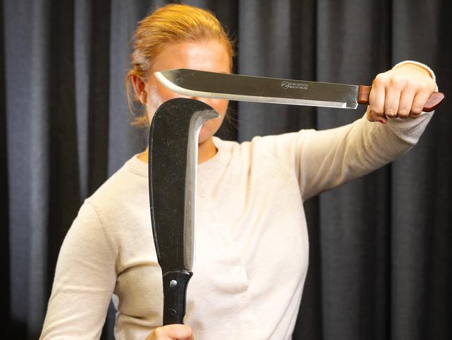 The machetes easily available for sale before the ban in Victoria, following a brutal stabbing brawl. Picture: Mark Stewart