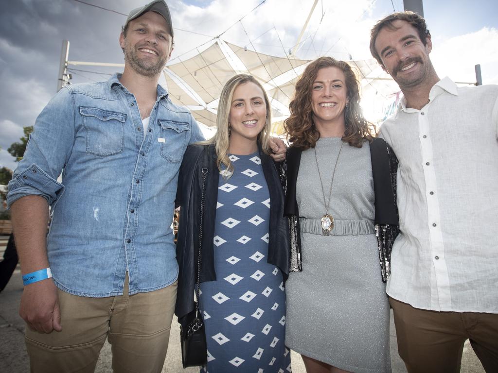 Ed Harrison, Kate Jones, Katie Bailey and Alex Geale enjoying the NYE party at the 2019 Taste of Tasmania. Picture: LUKE BOWDEN