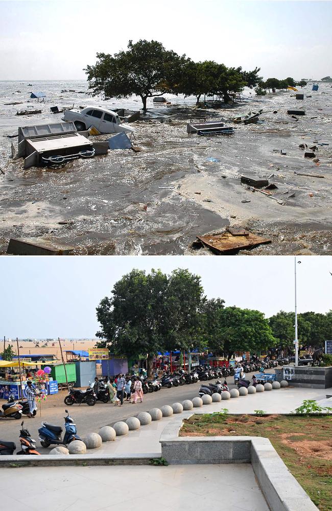 Marina beach covered in seawater in Chennai on December 26, 2004 and the same view 20 years later. Picture: AFP