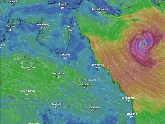 The Bureau of Meteorology has warned the path of tropical cyclone Alfred is “highly uncertain” heading into the weekend, with the risk it will creep closer toward central and southern Queensland. Picture: Windy