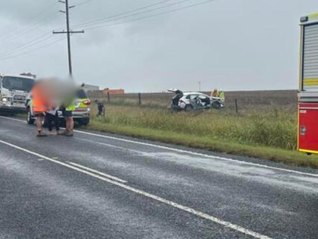 Emergency crews are working to clear the scene of a three-vehicle crash on the New England Hwy near Nobby on Tuesday, March 26, 2024. Photo: Supplied