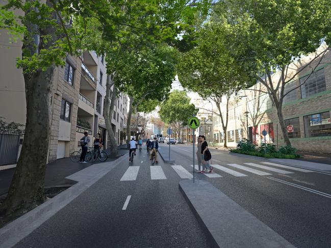 An artist impression of a new cycle track on Miller St, Pyrmont. Picture: City of Sydney