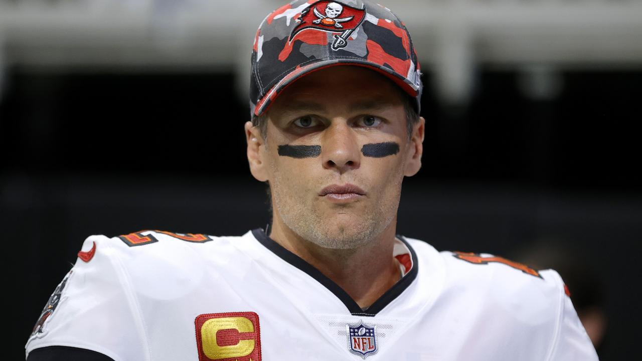 ATLANTA, GEORGIA - JANUARY 08: Tom Brady #12 of the Tampa Bay Buccaneers looks on prior to the game against the Atlanta Falcons at Mercedes-Benz Stadium on January 08, 2023 in Atlanta, Georgia. (Photo by Alex Slitz/Getty Images)