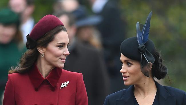 The Duchess of Cambridge and the Duchess of Sussex are seen on Christmas Day in Sandringham, Norfolk, with this photo hiding a secret about Meghan’s outfit. (Photo by Joe Giddens/PA Images via Getty Images)