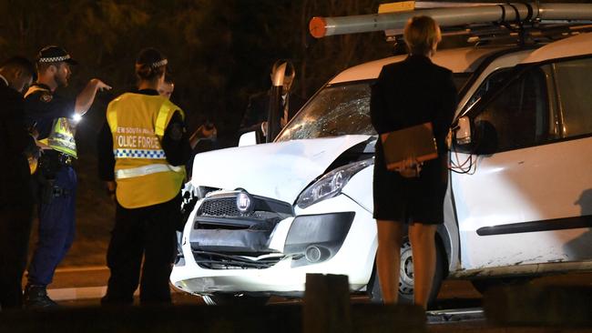 The crash scene at the RBT site on Campbelltown Rd, Leumeah. Picture: Gordon McComiskie