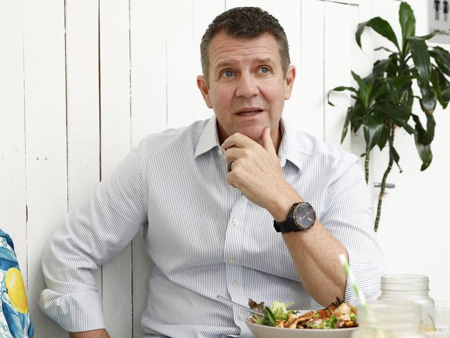 DAILY TELEGRAPH 12TH DECEMBER 2024Pictured at Albert and Moore in Freshwater is News Corp journalist Linda Silmanis with former NSW Premier Mike Baird talking for a High Steaks feature.Picture: Richard Dobson