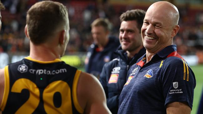 Adelaide Crows coach Matthew Nicks has a post-win laugh with Rory Laird. Picture: Michael Klein