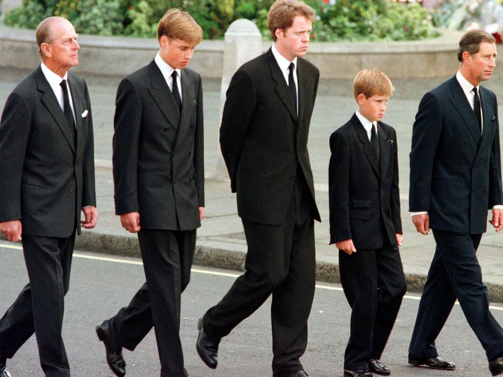 Prince Philip, Prince William, Diana’s brother Charles Spencer, Prince Harry and Prince Charles outside Westminster Abbey during the funeral service for Diana. Picture: AFP