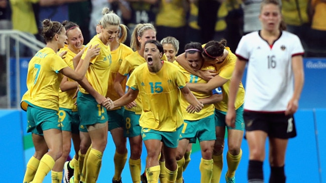 The Matildas celebrate after a goal by Sydney FC’s Caitlin Foord during the first half against Germany in last year’s Olympics. Picture: AAP