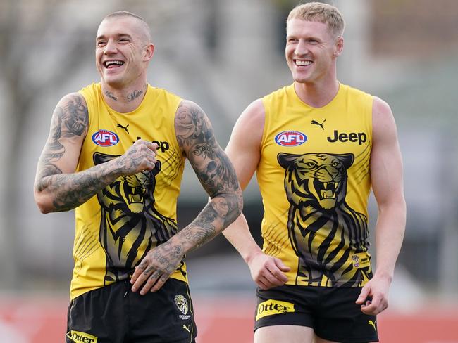 Old Tiger mates Dustin Martin and Josh Caddy are living it up in Thailand. Picture: AAP