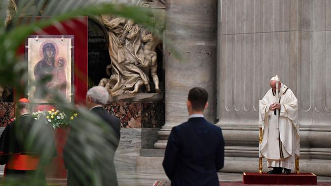 Pope Francis praying during Easter's Holy Saturday Vigil held behind closed doors at St. Peter's Basilica in the Vatican.