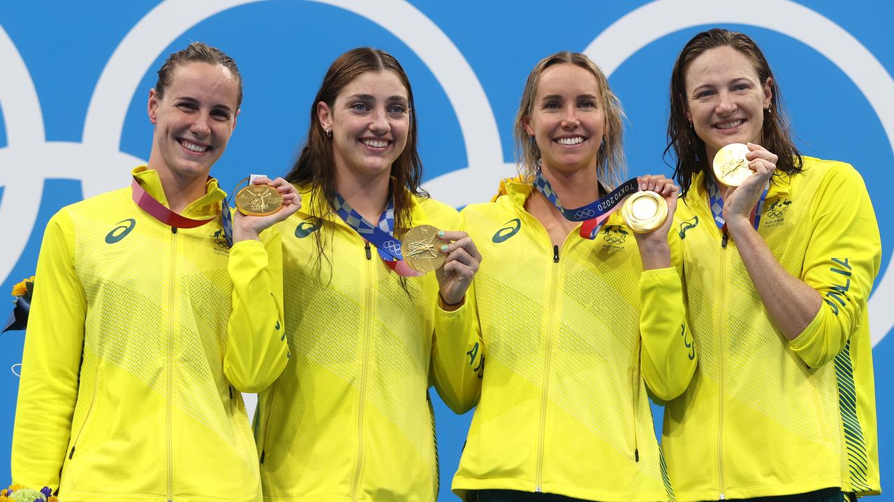 Bronte Campbell, Meg Harris, Emma McKeon and Cate Campbell of Team Australia pose after winning the gold medal in the Women's 4 x 100m Freestyle Relay Final on day two of the Tokyo 2020 Olympic Games at Tokyo Aquatics Centre on July 25, 2021 in Tokyo, Japan. (Photo by Clive Rose/Getty Images)